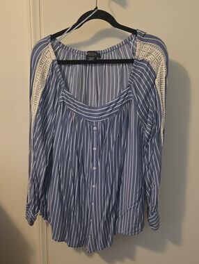 Lace-Trim Blue & White Striped Button-Down Blouse